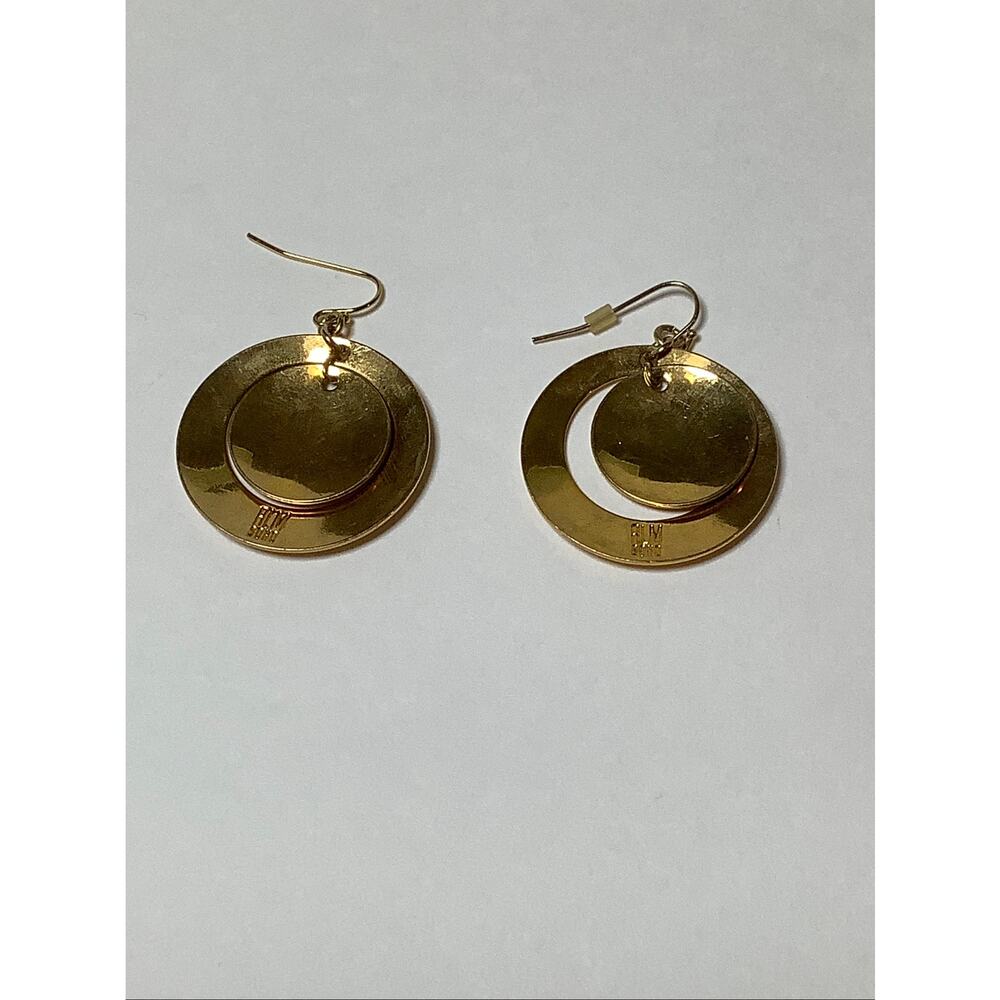 ALM SOHO Gold Tone Double Circle Layered Hoop Disc Dangle Drop Earrings A13-22 - Picture 4 of 6